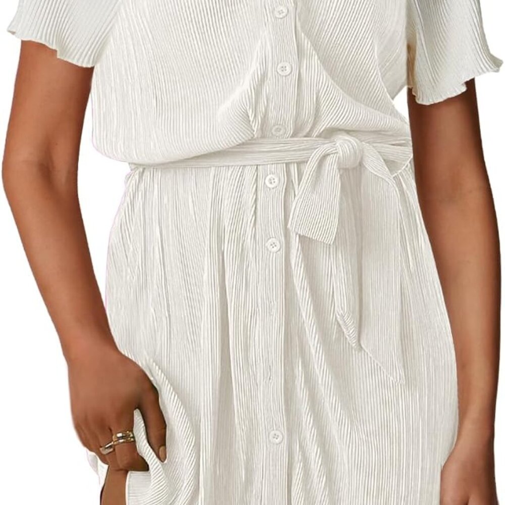 Women's Mini Shirt Dress Cotton V Neck Pleated Short Sleeve Belted Casual